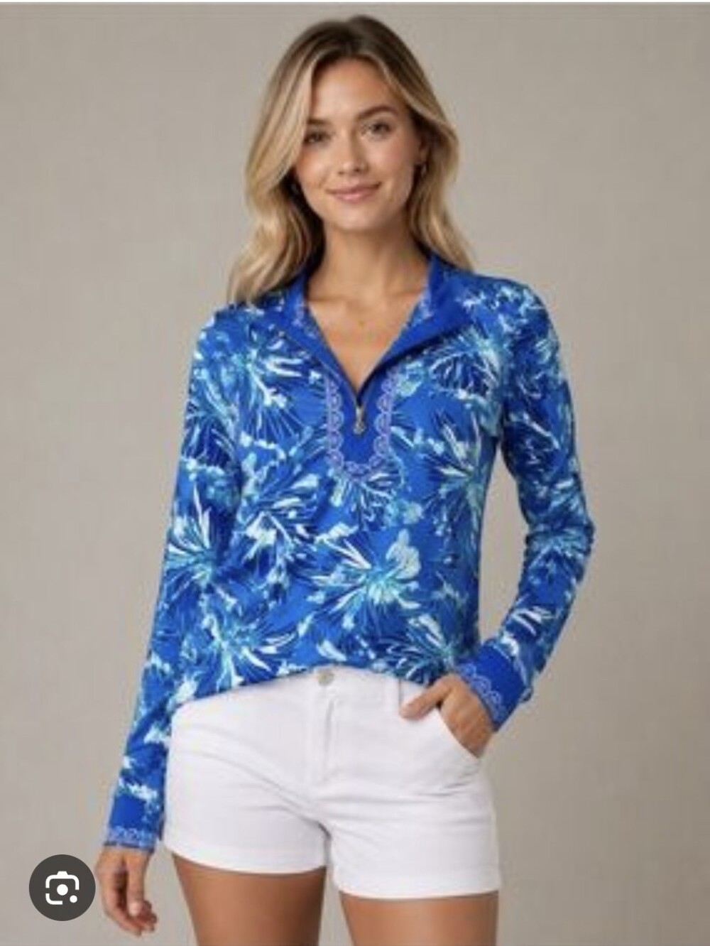 Caribbean Joe Blue & White Floral Zip-Front Long-Sleeve Polo